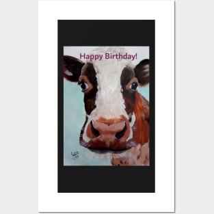 Happy Birthday greeting card featuring cow face Posters and Art